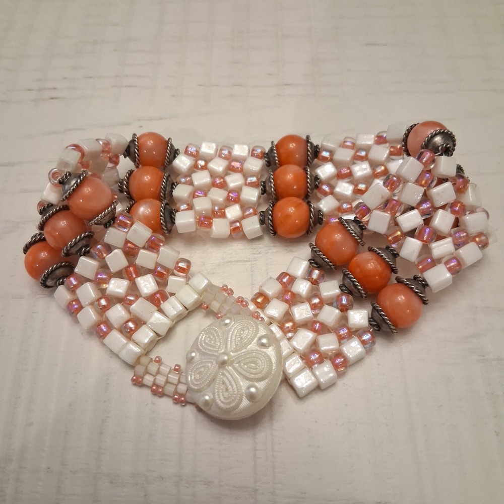 Beaded Cuff Bracelet Light Orange / Peach White Square Tile 8in